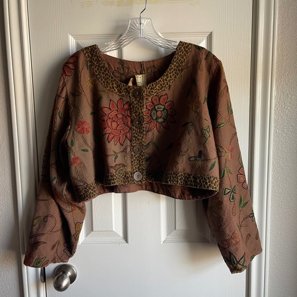 VTG‎ U.R.U. USA Embroidered Floral Jacket One Size Boho Art to Wear Leopard Trim - Picture 11 of 13